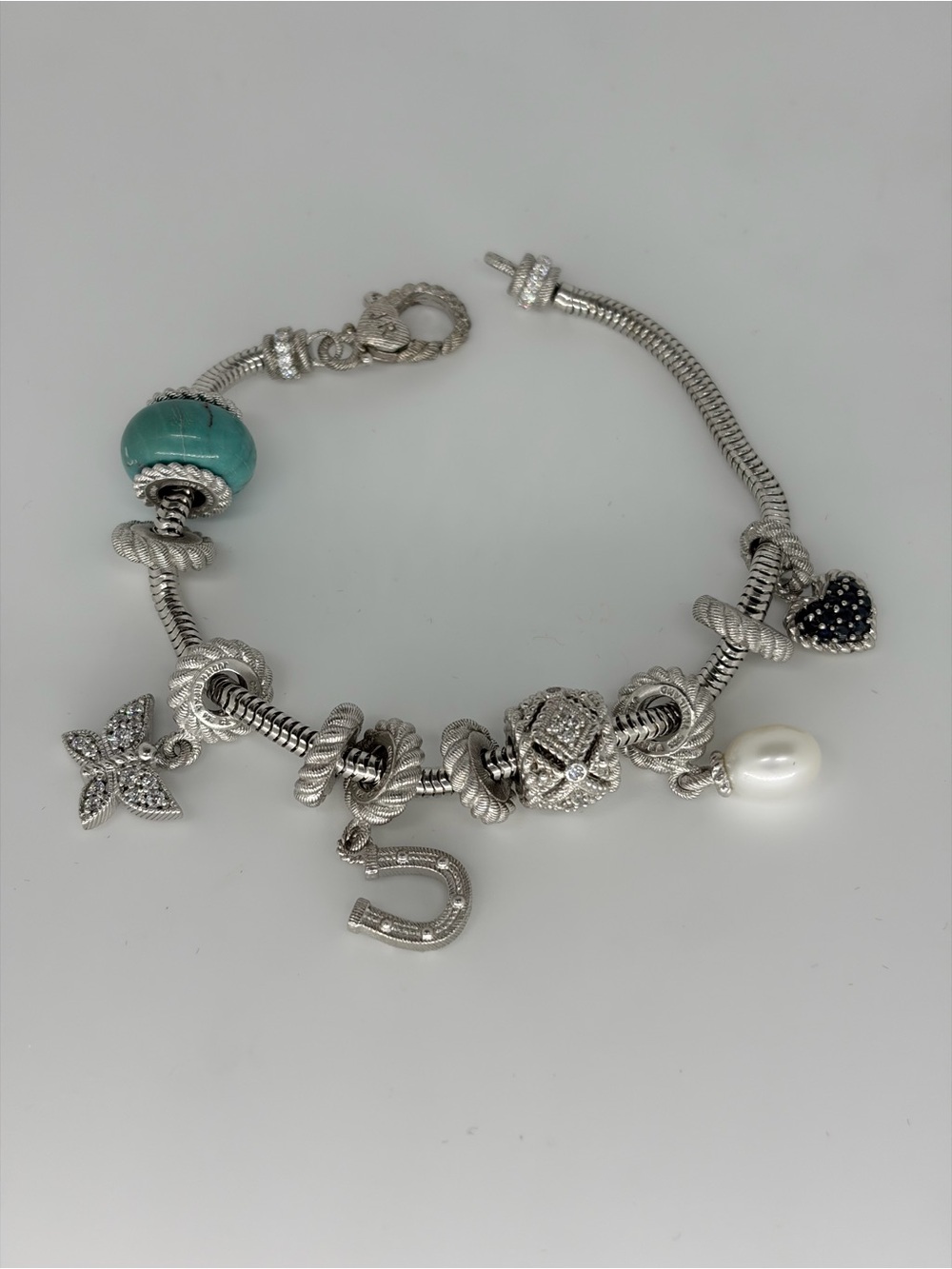 Vintage Judith Ripka 925 Sterling Charm Bracelet Turquoise Butterfly Pearl Etc